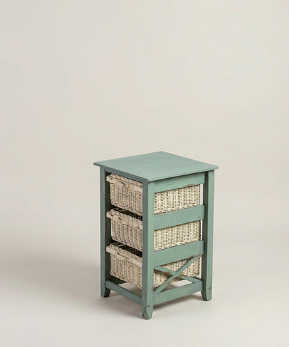  Vista en ángulo derecho mostrando la estructura lateral en X y los tres cajones de mimbre