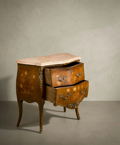 Cómoda bombé antigua de estilo Luis XV con Marquetería Floral y Mármol Rosa Antique arte y decoracion