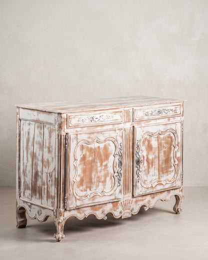 Aparador antiguo francés decapé blanco vista lateral izquierda, costado de tablas — Antique Arte y Decoración