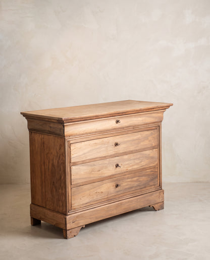 Cómoda Luis Felipe vista lateral izquierda, costado de nogal y cajón en gola — Antique Arte y Decoración