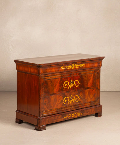 Cómoda Antigua en caoba de pluma con marquetería floral (Finales S. XIX)