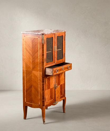 Mueble Auxiliar Vintage con Marquetería y Mármol | Estilo Transición