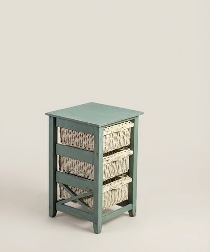 Vista lateral izquierda de la cajonera estilo farmhouse destacando el color azul verdoso