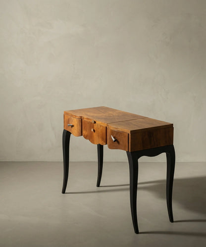 Tocador en nogal con espejo abatible y patas negras