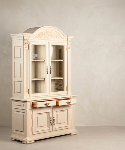 Vitrina vintage de pino vista lateral con cajones abiertos — Antique Arte y Decoración