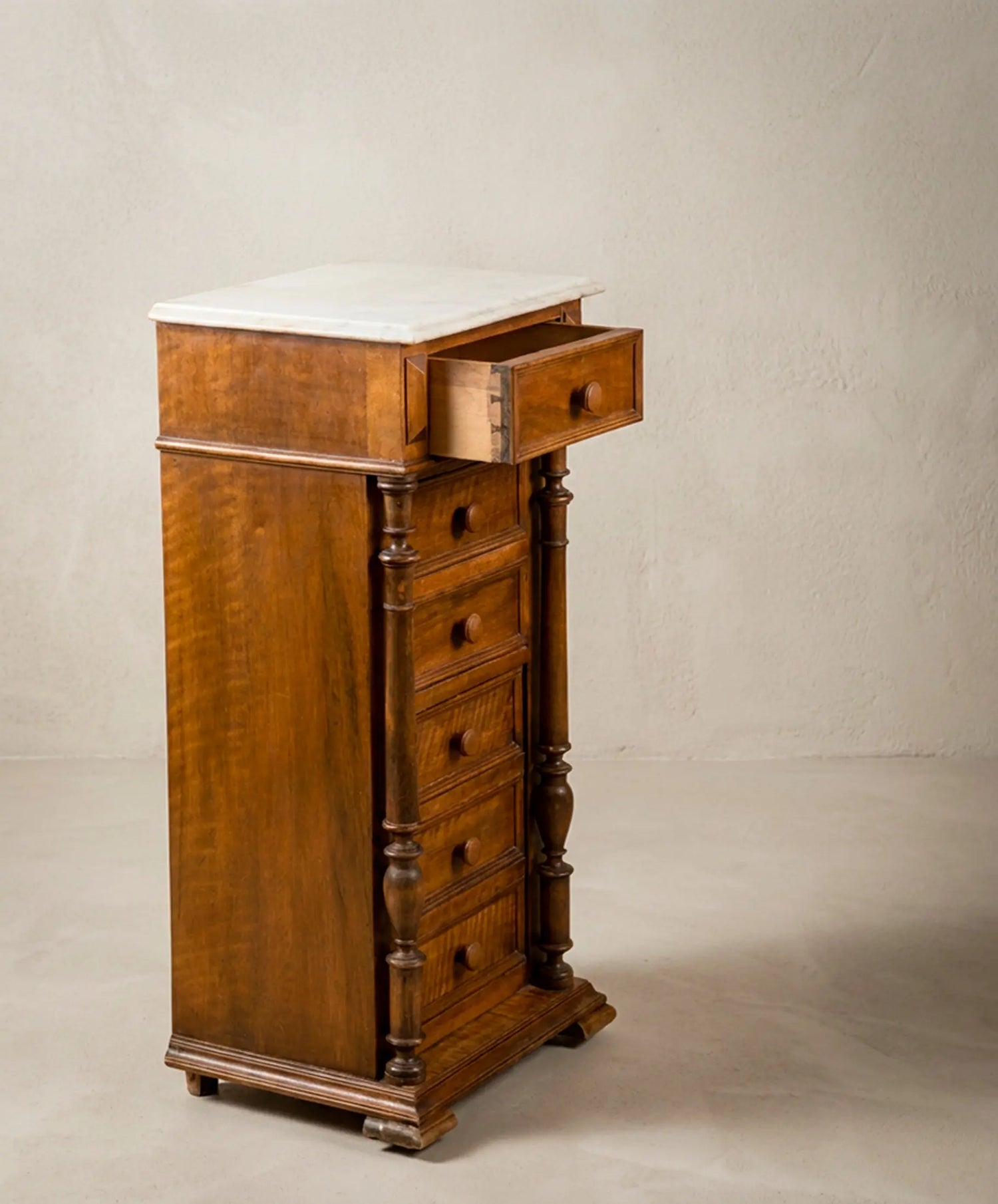 Mueble Auxiliar Antiguo de Nogal y Mármol Blanco | Enrique II S. XIX