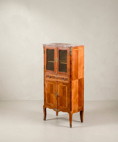 Mueble Auxiliar Vintage con Marquetería y Mármol | Estilo Transición