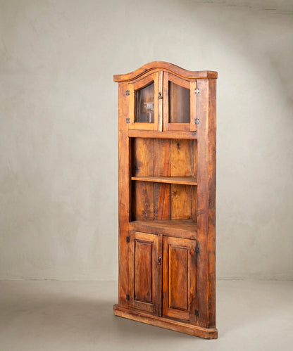 Rinconera Rústica Vintage de Madera Maciza | Vitrina y Copete Curvo