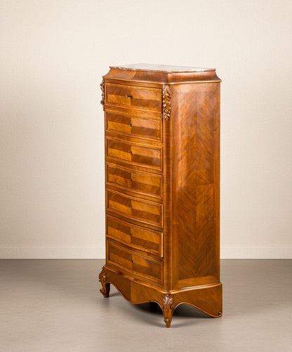 Secrétaire-Semainier estilo Luis XV en marquetería de nogal y tapa de mármol