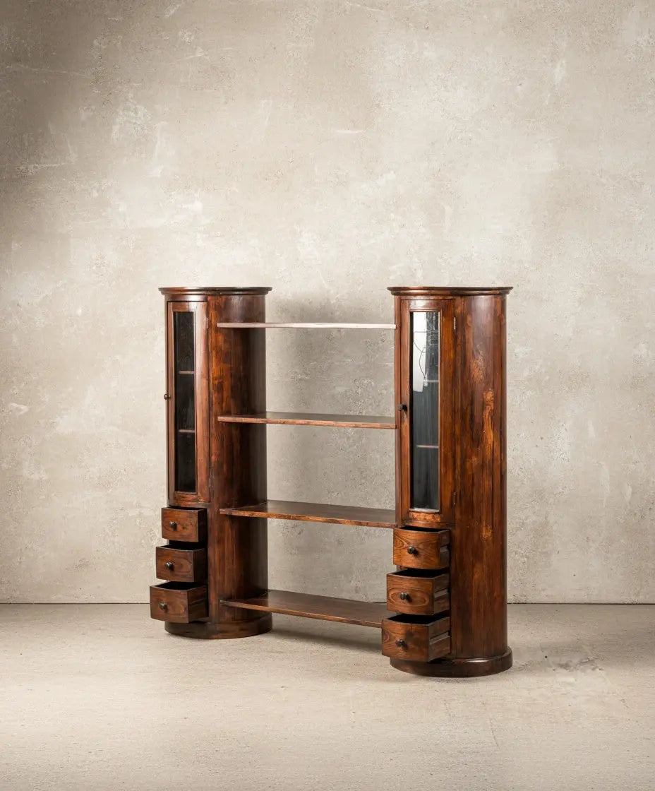 Wooden bookcase with cylindrical side display cases
