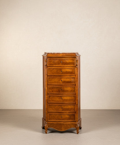 Secrétaire-Semainier estilo Luis XV en marquetería de nogal y tapa de mármol