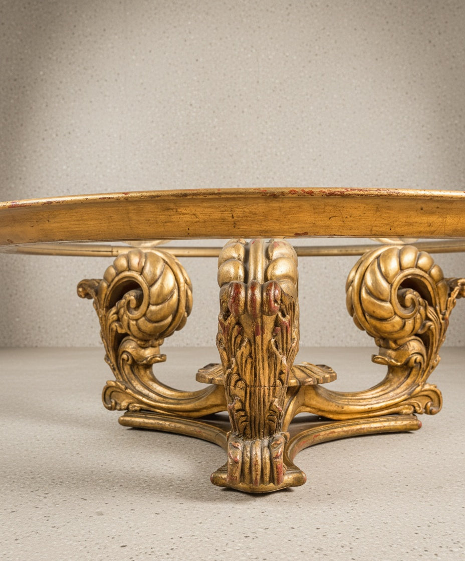 Mesa de centro circular de madera y pan de oro