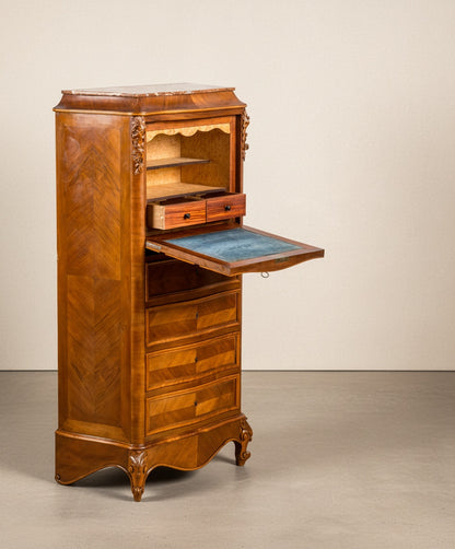 Secrétaire-Semainier estilo Luis XV en marquetería de nogal y tapa de mármol