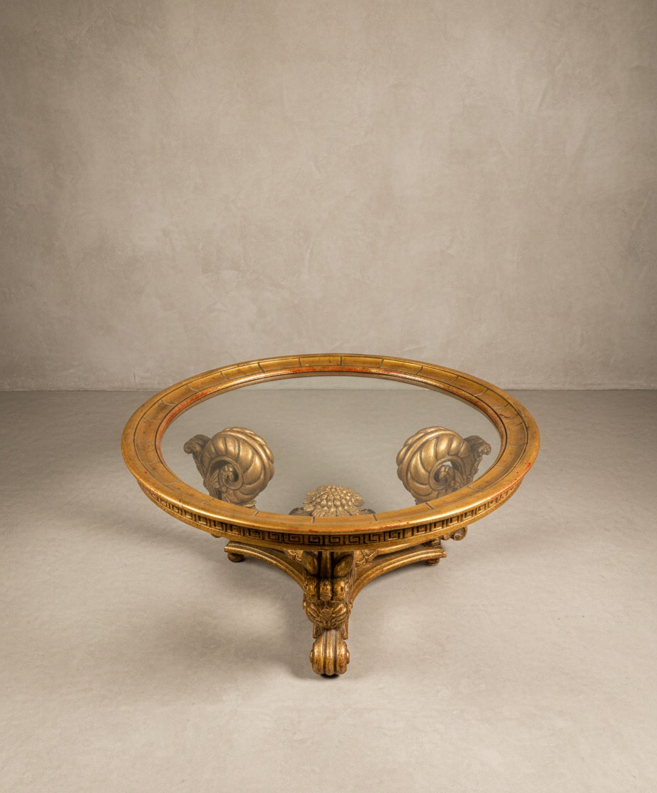 Mesa de centro circular de madera y pan de oro