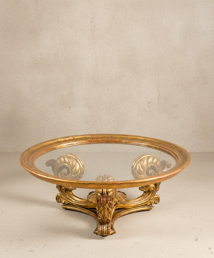 Mesa de centro circular de madera y pan de oro