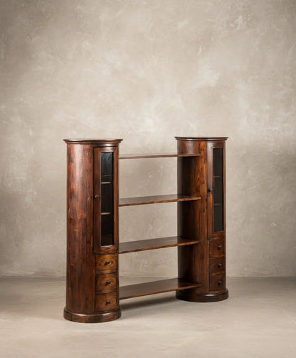 Wooden bookcase with cylindrical side display cases