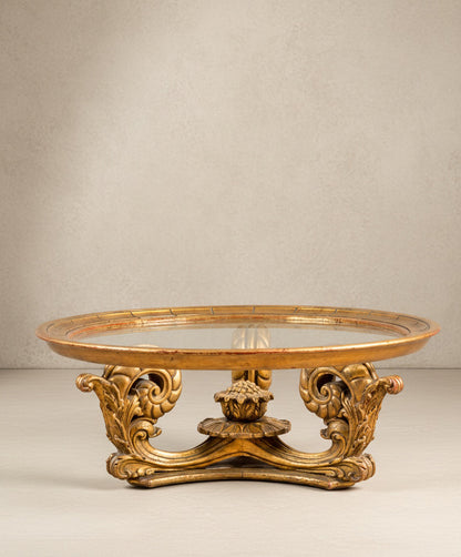 Mesa de centro circular de madera y pan de oro