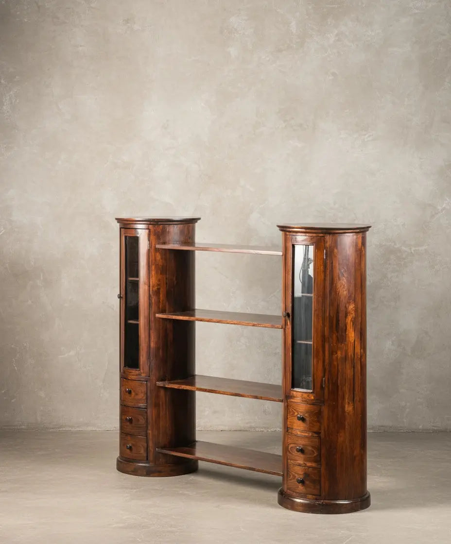 Wooden bookcase with cylindrical side display cases