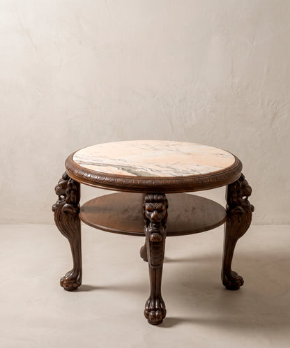 Mesa auxiliar redonda estilo Renacimiento con tapa de mármol rosa vista frontal — Antique Arte y Decoración