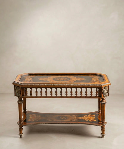 Mesa de centro Napoleón III con marquetería vista frontal y patas acanaladas — Antique Arte y Decoración