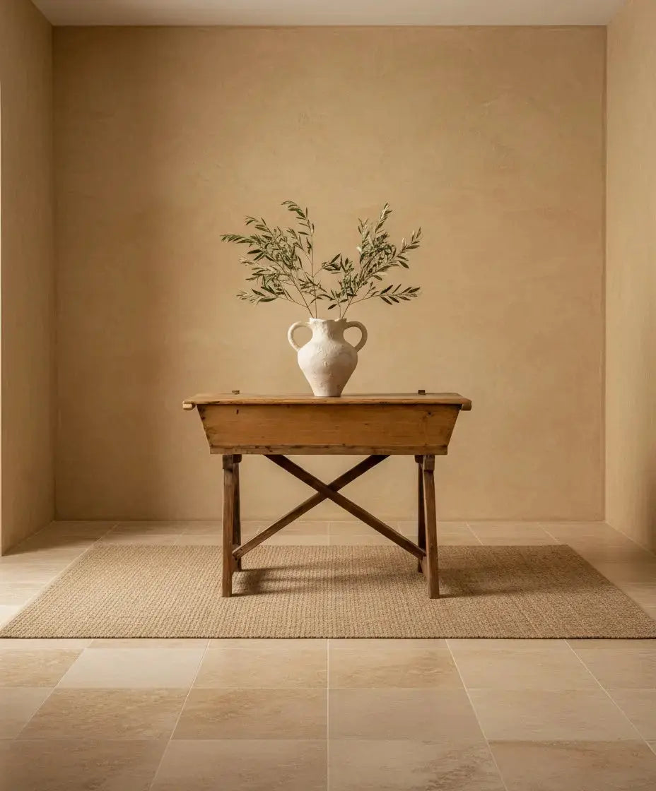 Mesa artesa antigua de madera maciza con tapa cerrada sobre fondo neutro, estilo rústico.