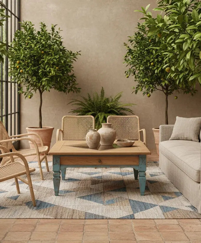 Mesa de centro cuadrada de madera natural con base azul decapado y cristal central.