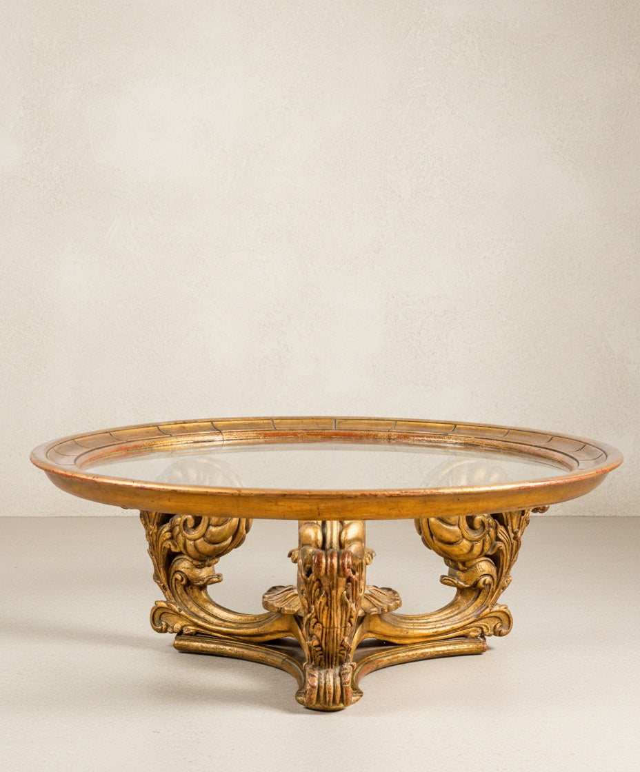 Vista frontal de mesa de centro circular dorada con base tallada y flores blancas en salón neoclásico.