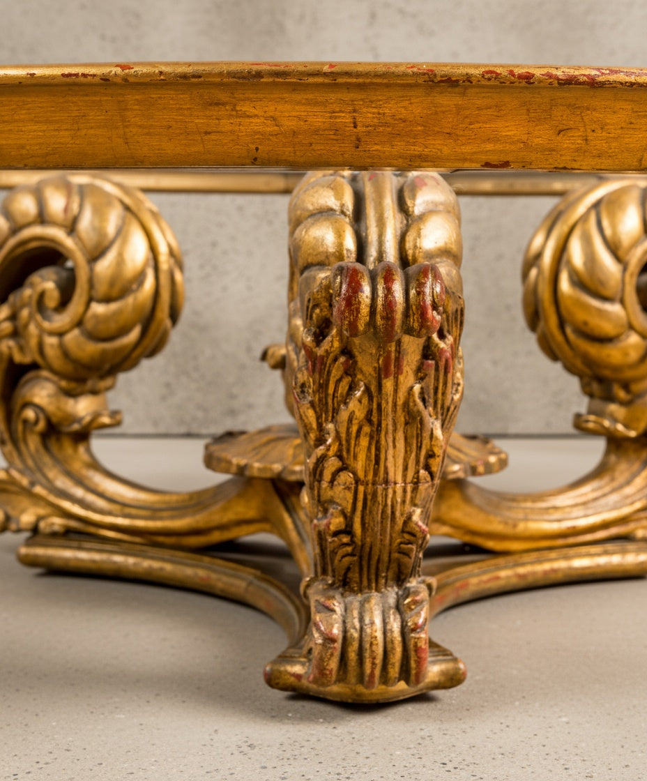 Primer plano de la talla artesanal de las volutas y el acabado envejecido en pan de oro.