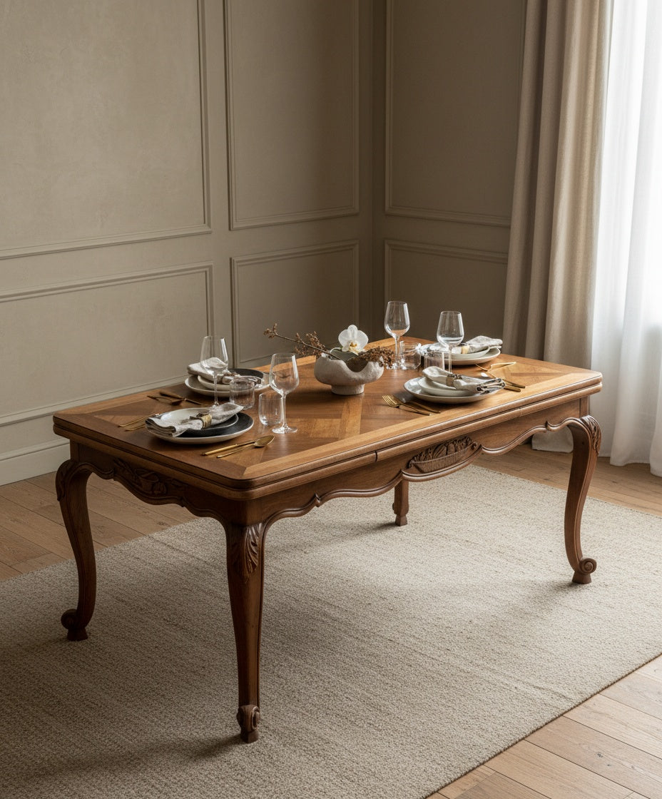 Ambiente de comedor decorado con mesa Luis XV servida, cristalería fina y alfombra neutra.