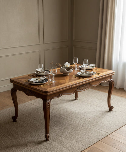 Ambiente de comedor decorado con mesa Luis XV servida, cristalería fina y alfombra neutra.