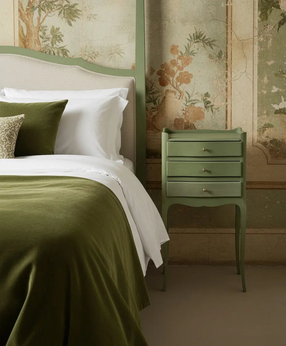 Mesita de noche verde salvia en dormitorio de lujo con papel pintado botánico y textiles de terciopelo verde.