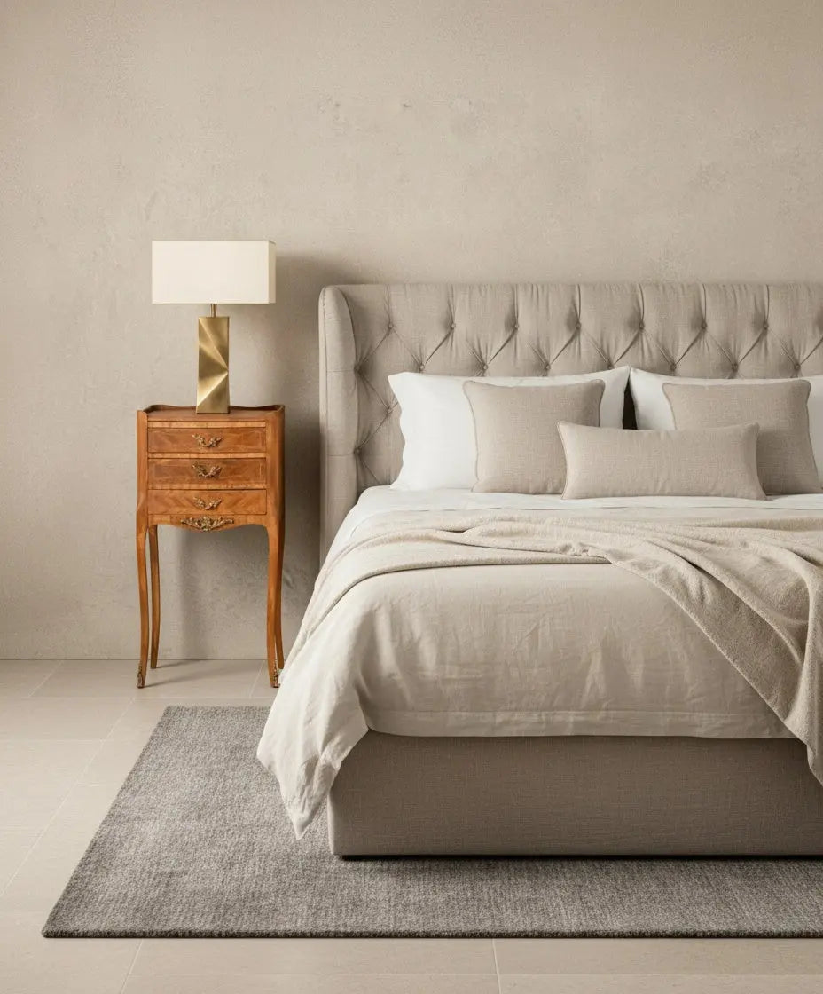 Pareja de mesitas Luis XV integradas en un dormitorio de diseño contemporáneo, demostrando su versatilidad decorativa.