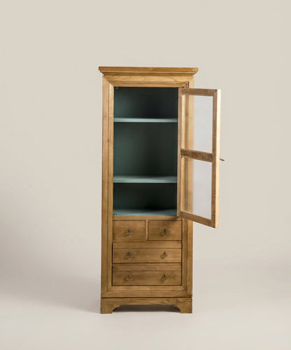 Vitrina con la puerta abierta mostrando el interior pintado en color verde azulado