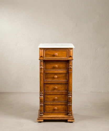 Mueble Auxiliar Antiguo de Nogal y Mármol Blanco | Enrique II S. XIX