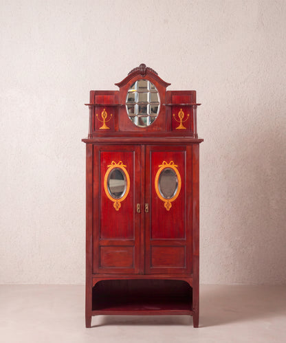 Mueble auxiliar eduardiano de caoba con marquetería y espejos vista frontal — Antique Arte y Decoración