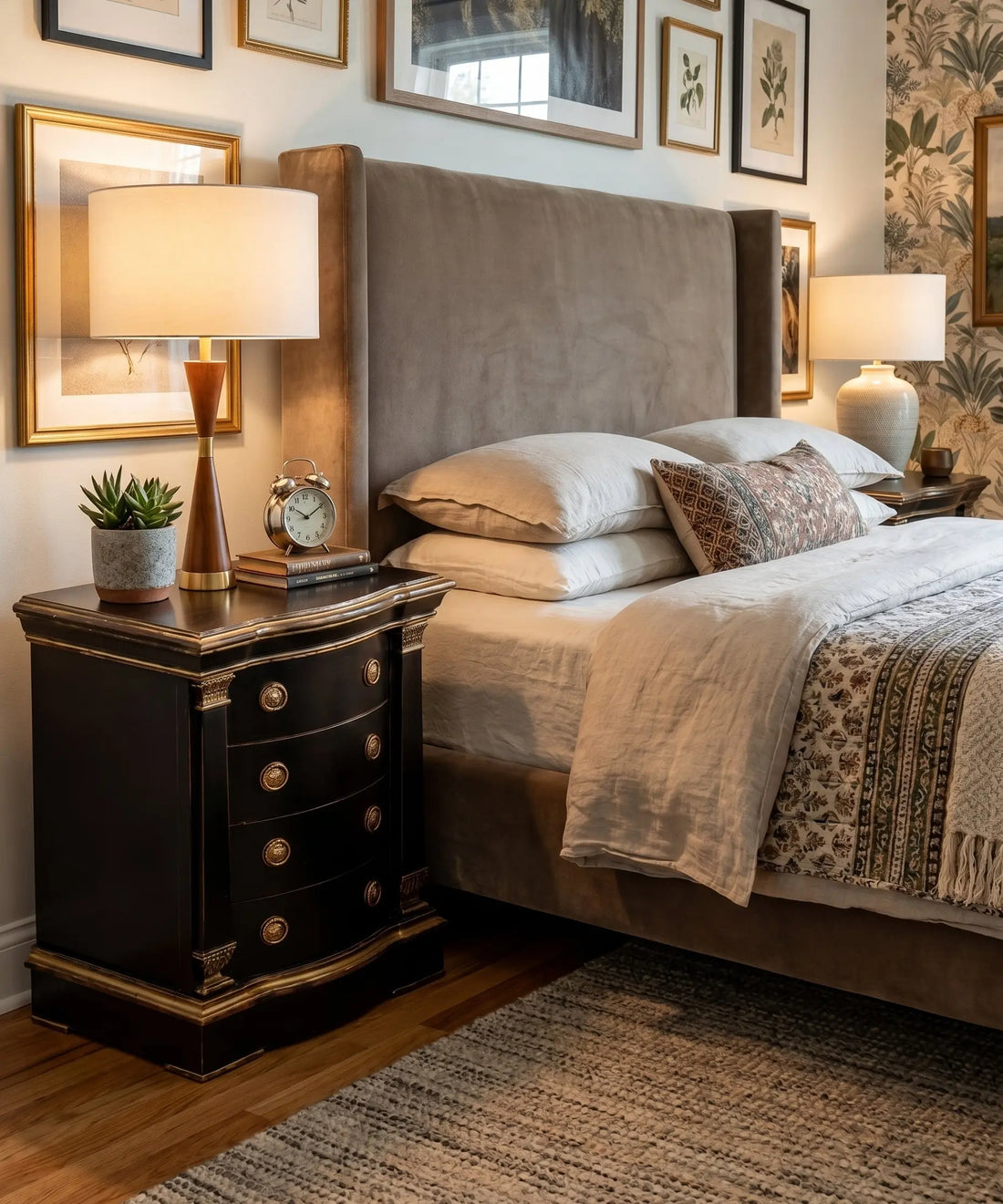 Mesita de noche antigua de gran formato lacada en negro con detalles dorados, decorada en un dormitorio junto a una cama con cabecero tapizado.