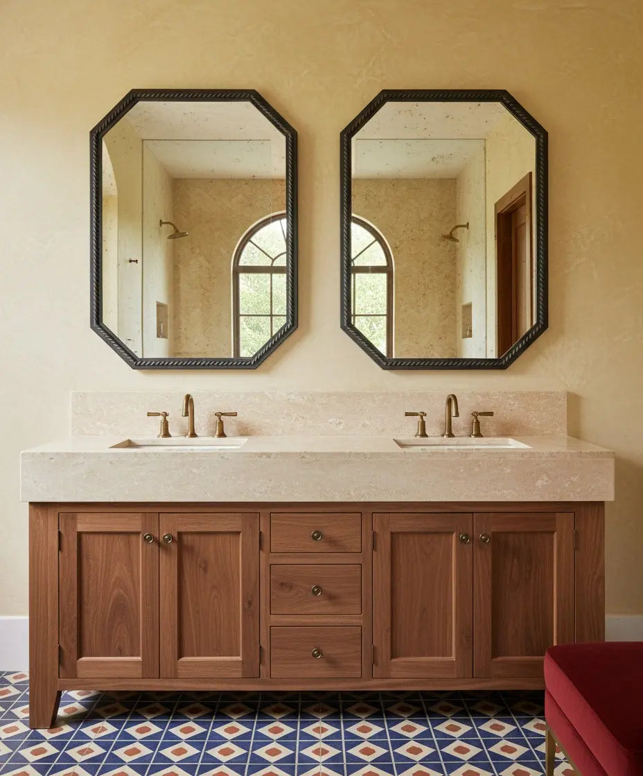 Pareja de espejos octogonales instalados simétricamente sobre lavabo doble en baño de lujo con paredes de estuco beige y grifería de bronce.