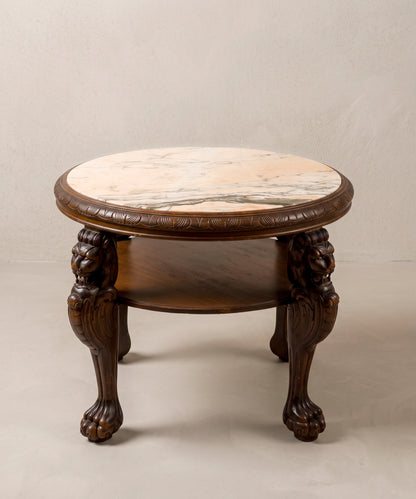 Mesa auxiliar redonda vintage vista lateral con balda y patas de garra — Antique Arte y Decoración