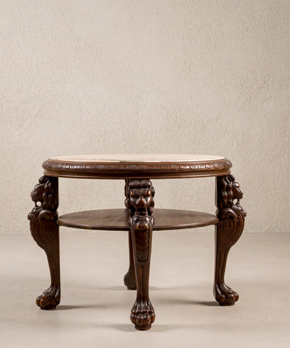 Mesa auxiliar de mármol rosa vista baja con cuatro patas talladas de león — Antique Arte y Decoración