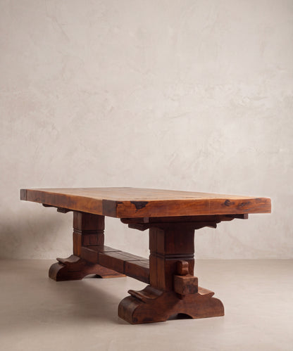 Mesa monasterio de teca vista baja con cuña pasante en el pie — Antique Arte y Decoración