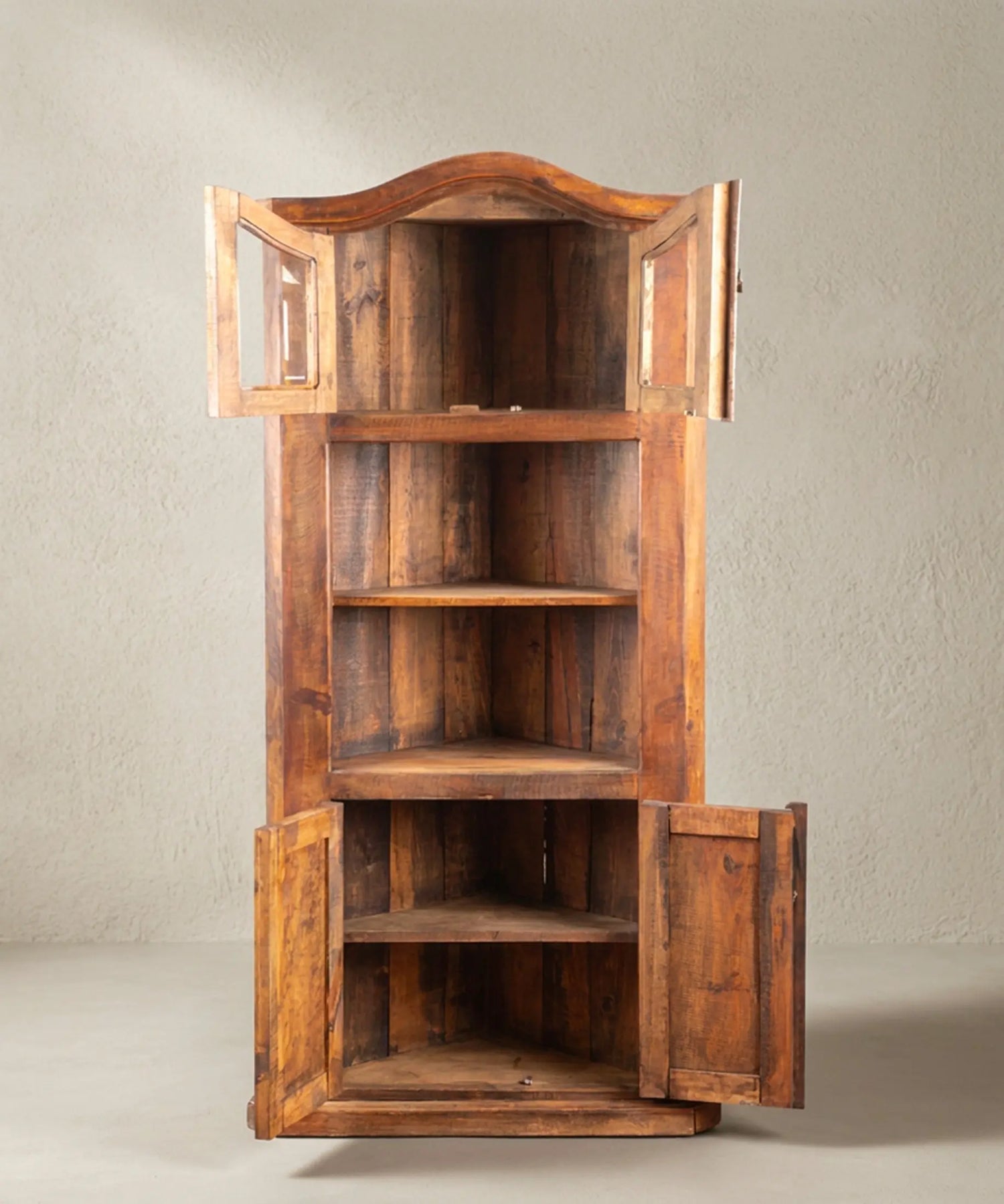 Rinconera Rústica Vintage de Madera Maciza | Vitrina y Copete Curvo