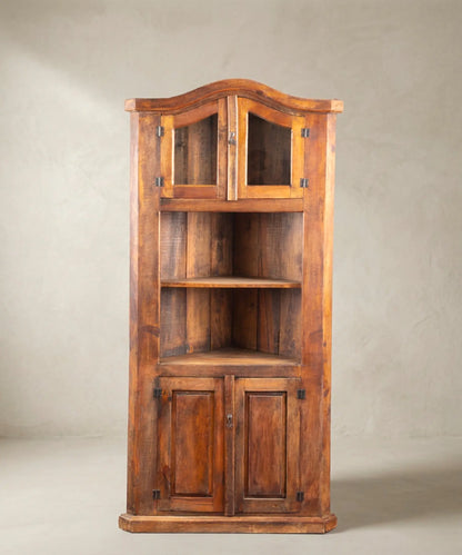 Rinconera Rústica Vintage de Madera Maciza | Vitrina y Copete Curvo