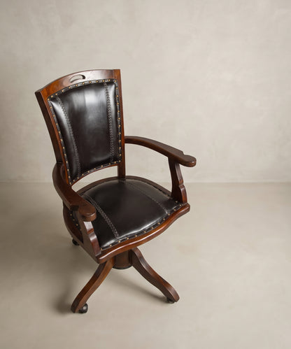 Sillón de despacho giratorio vintage años 70 en madera maciza y piel negra — Antique Arte y Decoración