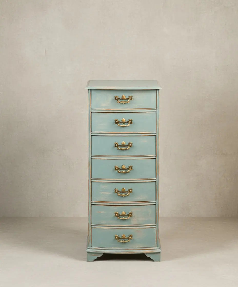 Sinfonier semainier vintage de frente curvo en azul empolvado decapé