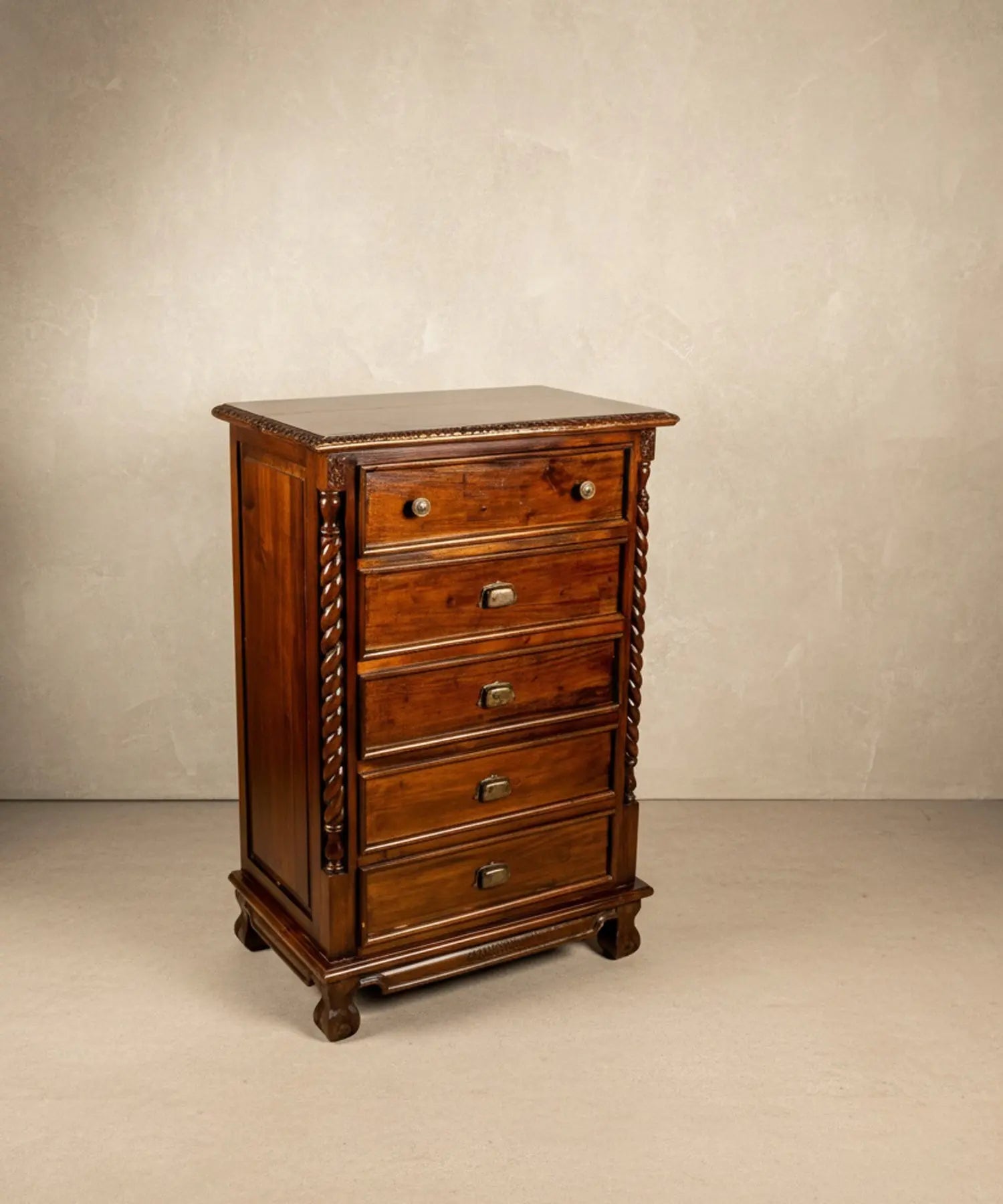 Antique solid wood chest of drawers with Solomonic columns