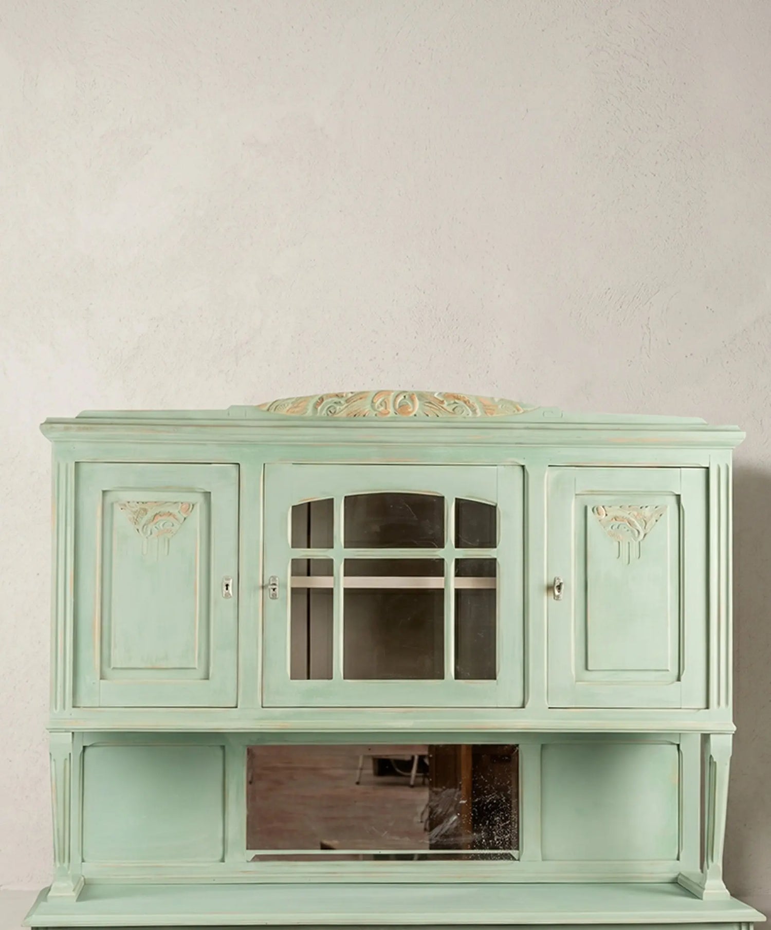 Cuerpo superior alacena antigua Art Nouveau vidriera central arcada y espejo de mercurio — Antique Arte y Decoración