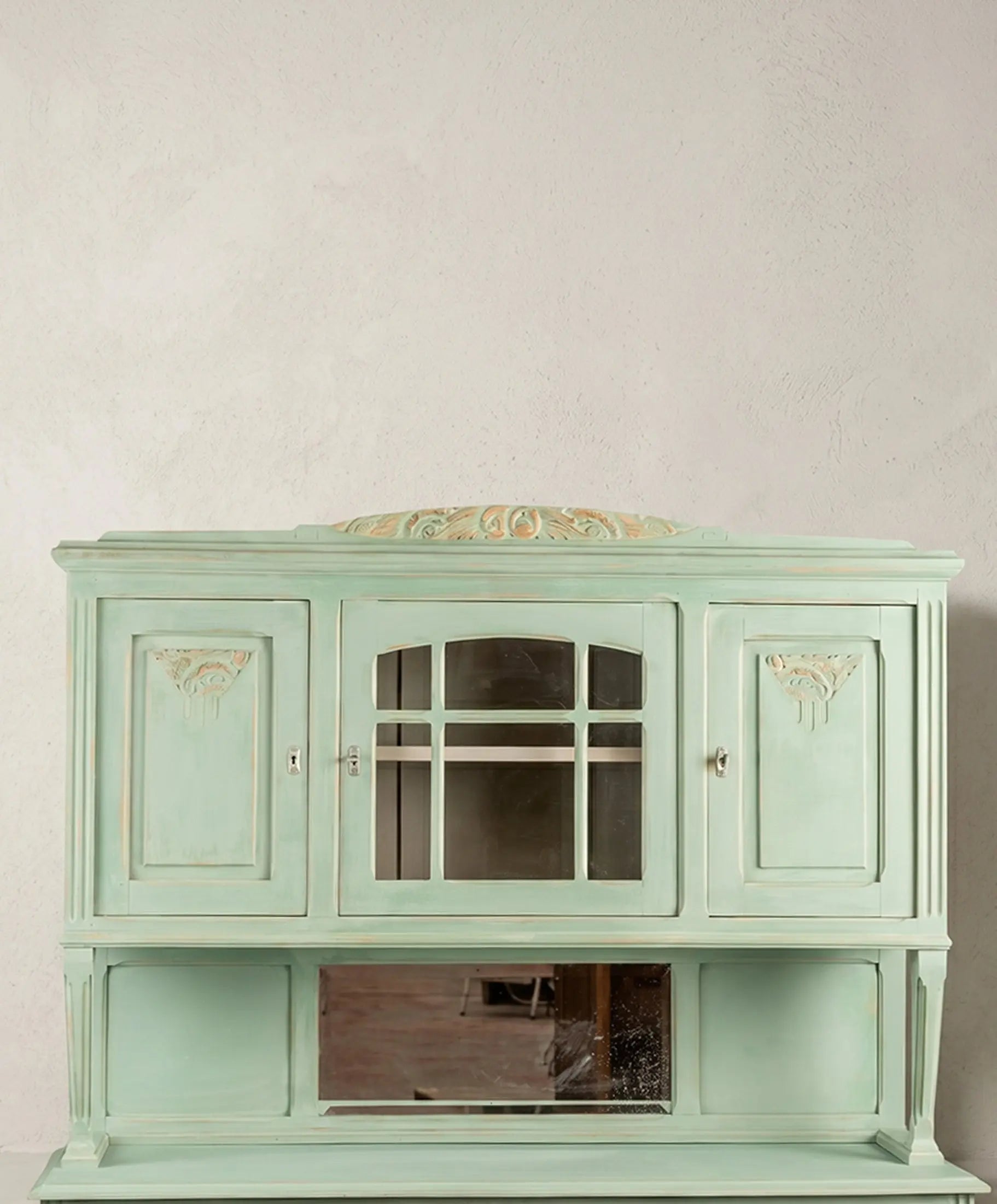Cuerpo superior alacena antigua Art Nouveau vidriera central arcada y espejo de mercurio — Antique Arte y Decoración