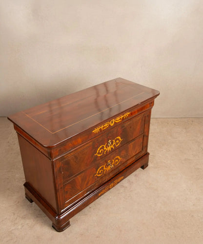 Cómoda Antigua en caoba de pluma con marquetería floral (Finales S. XIX)