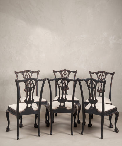 Conjunto de 6 Sillas Vintage Estilo Chippendale | Negro Decapado