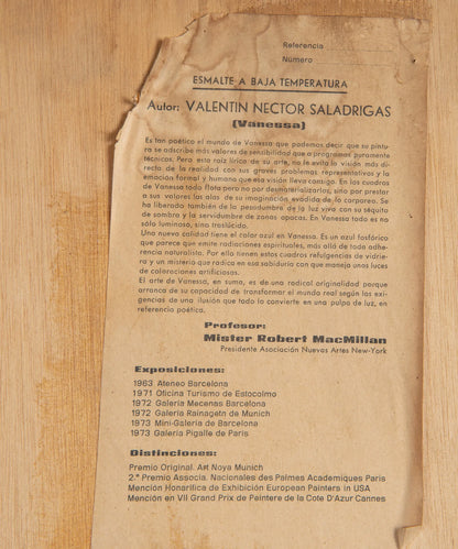 Etiqueta original de los años 70 documentando la obra de esmalte del artista Valentín Nector Saladrigas.
